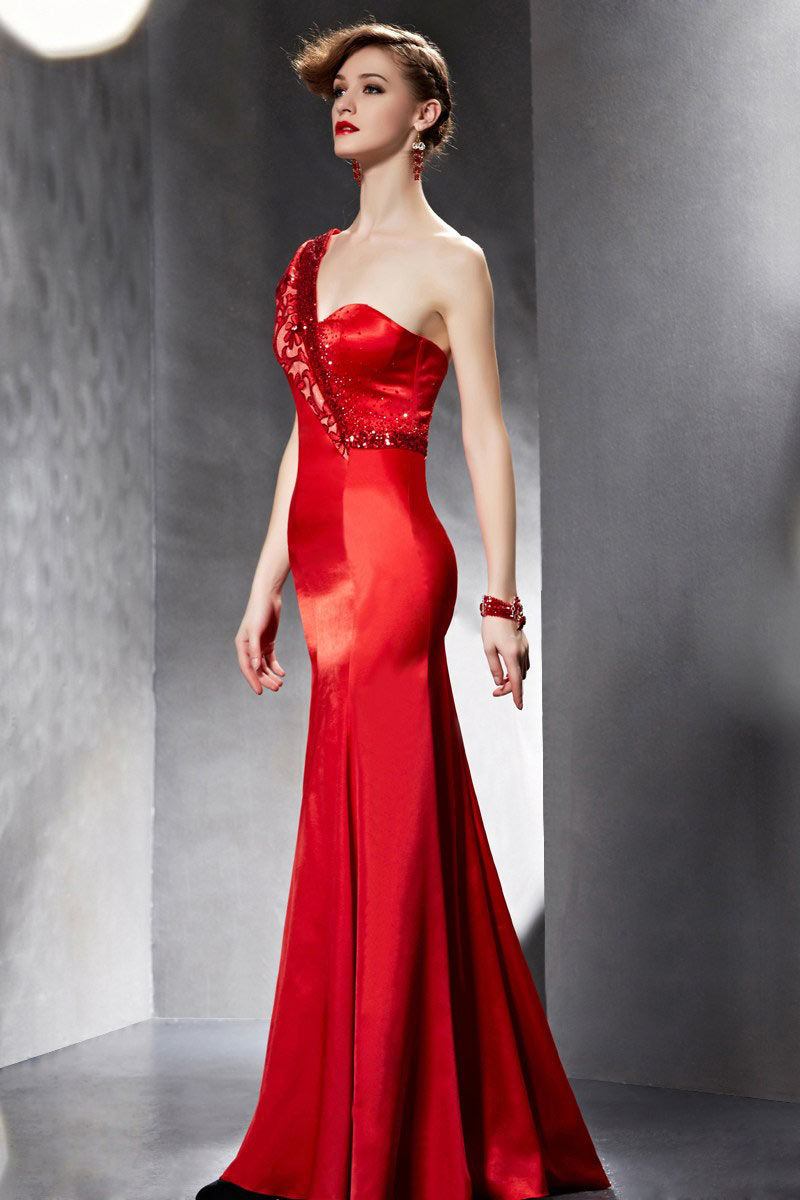 Elegant Beading Sequined One Shoulder Mermaid Red Long School Formal Dress