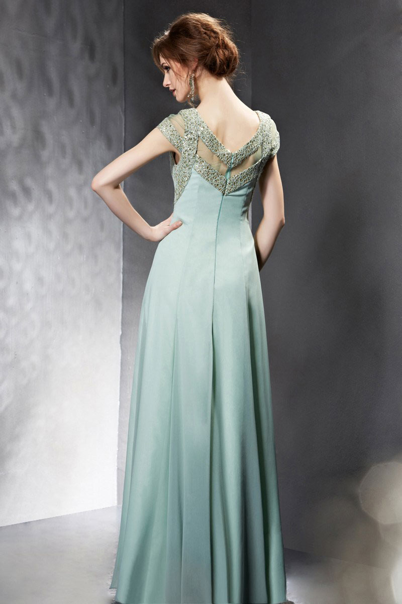Chic Beading V neck Green Long School Formal Dress with Cap Sleeves