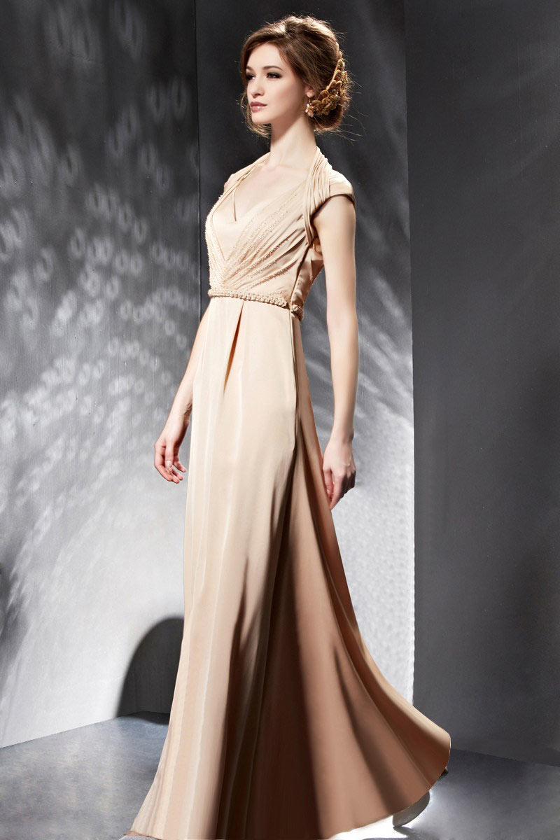 Modern Stain A Line V Neck Evening Dress With Sleeves
