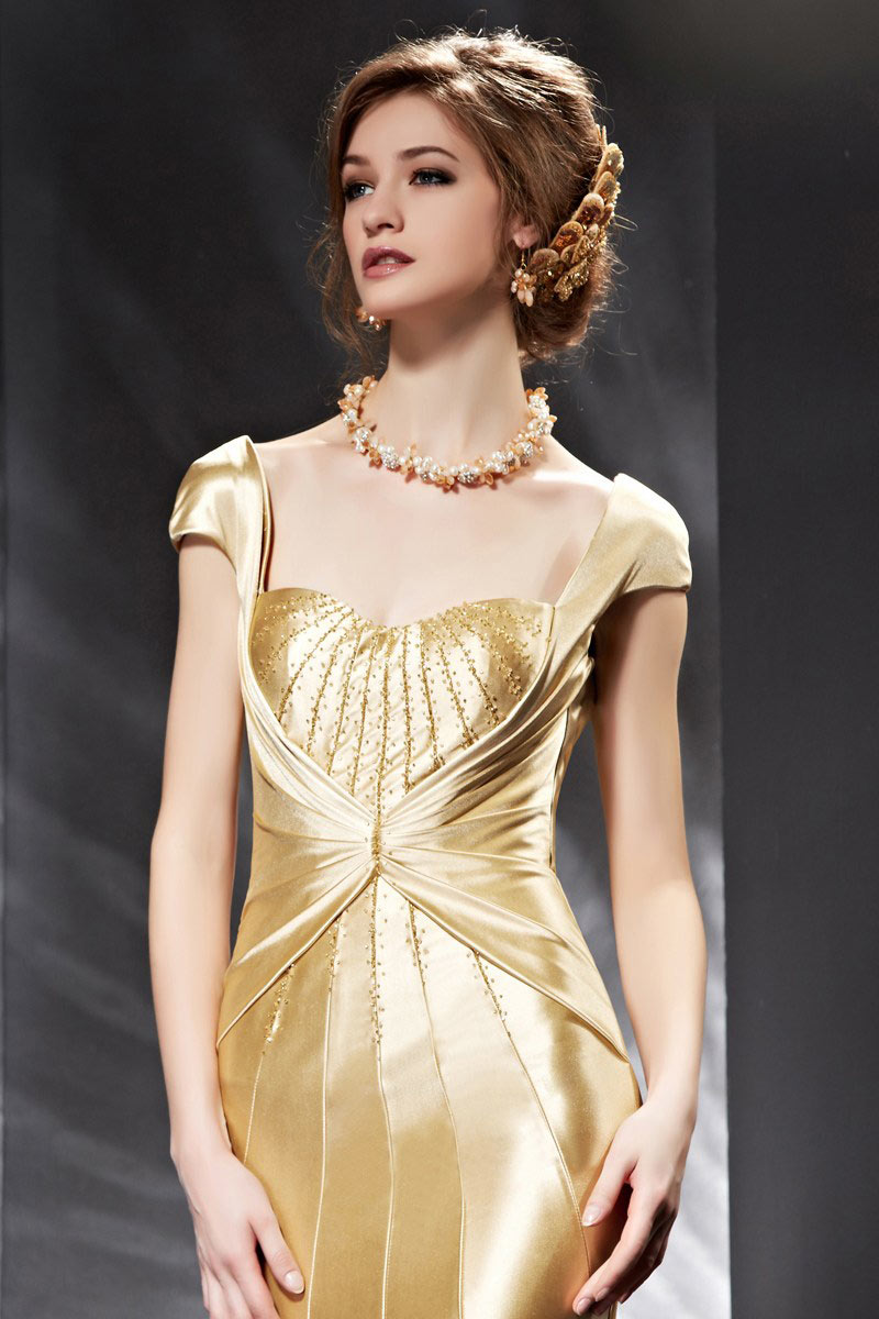 Stunning Beading Gold Backless Cap Sleeves Long Formal Dress