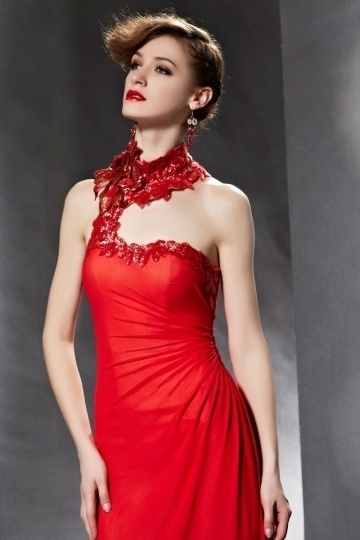 Unique Ruched Sequins Open Back Jewel Chiffon Red Long Formal Dress