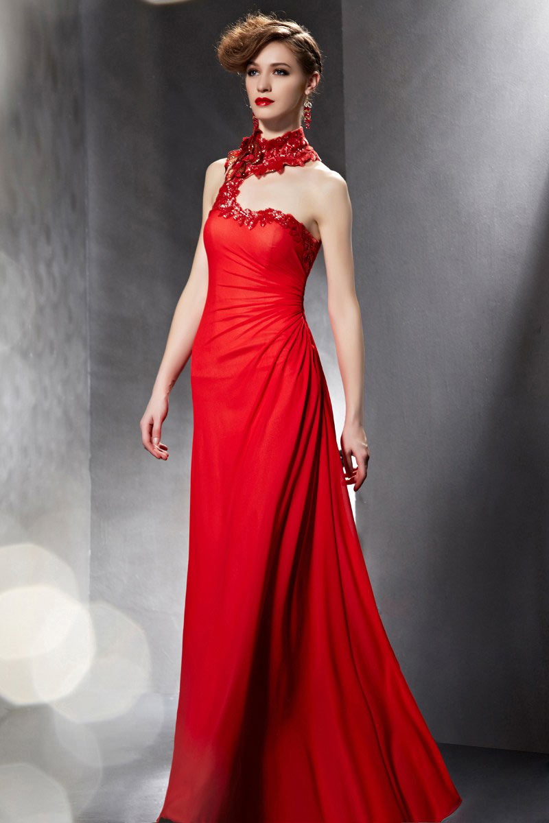 Unique Ruched Sequins Open Back Jewel Chiffon Red Long Formal Dress