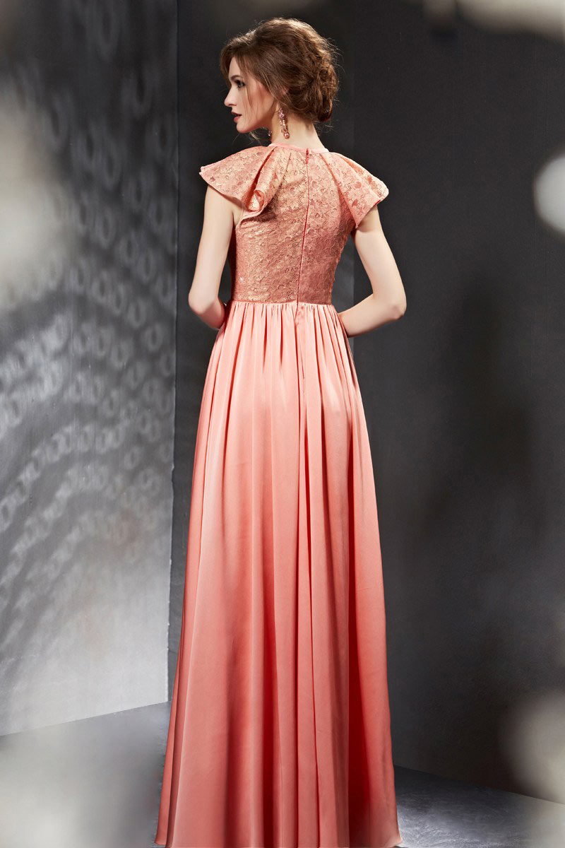 Vintage Lace Ruffles Pink Chiffon Long School Formal Dress