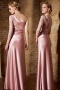 Pink One Shoulder A Line Long Evening Dress With Sleeves