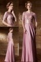 Gorgeous Long Pink Satin A Line Sequins Evening Dress With Sleeves