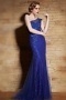 Chic Sheath One Shoulder Blue Lace Sweep Train Beading Prom Dress