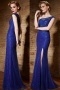 Chic Sheath One Shoulder Blue Lace Sweep Train Beading Prom Dress