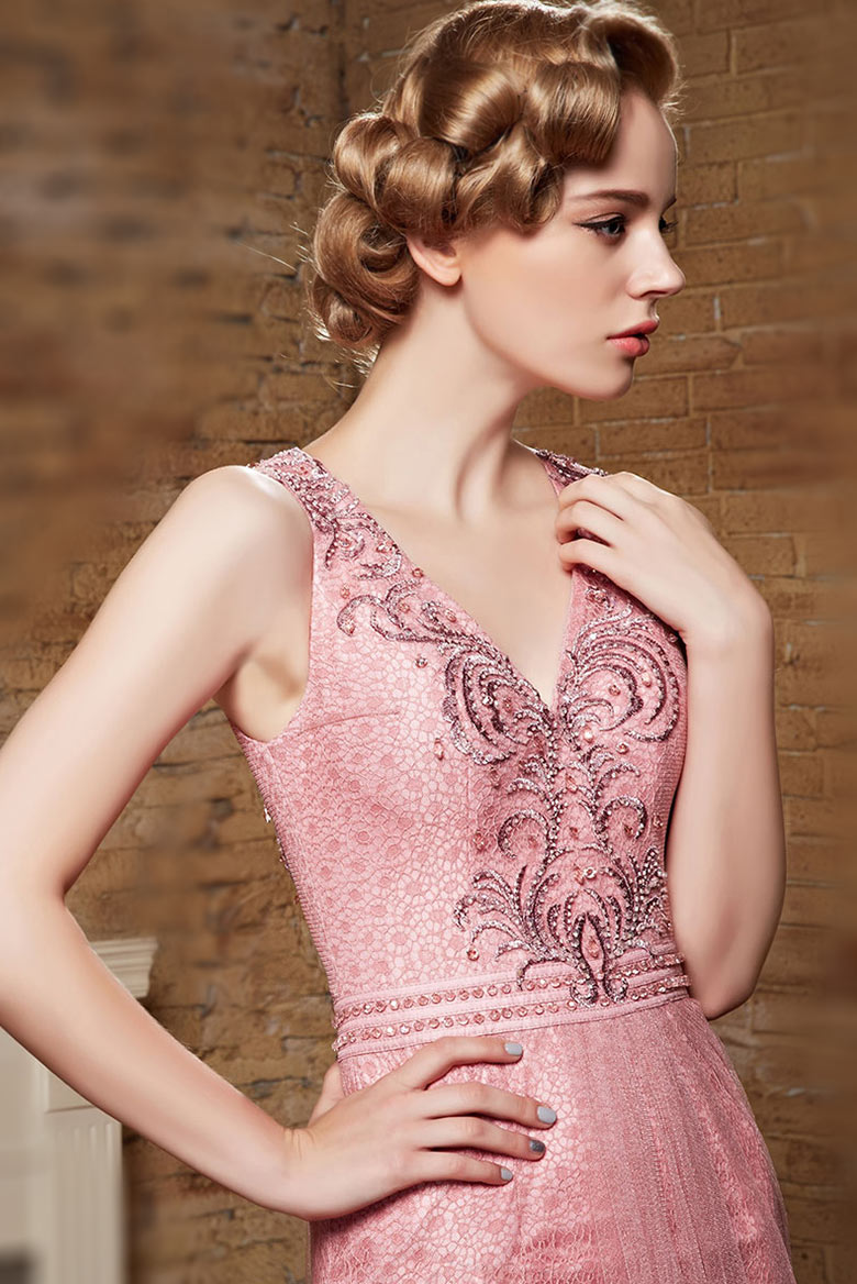 Sexy Lace V Neck Long Embroidery Pink Evening Dress