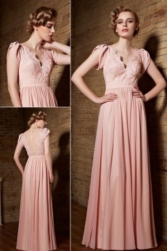 Sexy V Neck A Line Long Pink Evening Dress With Short Sleeves