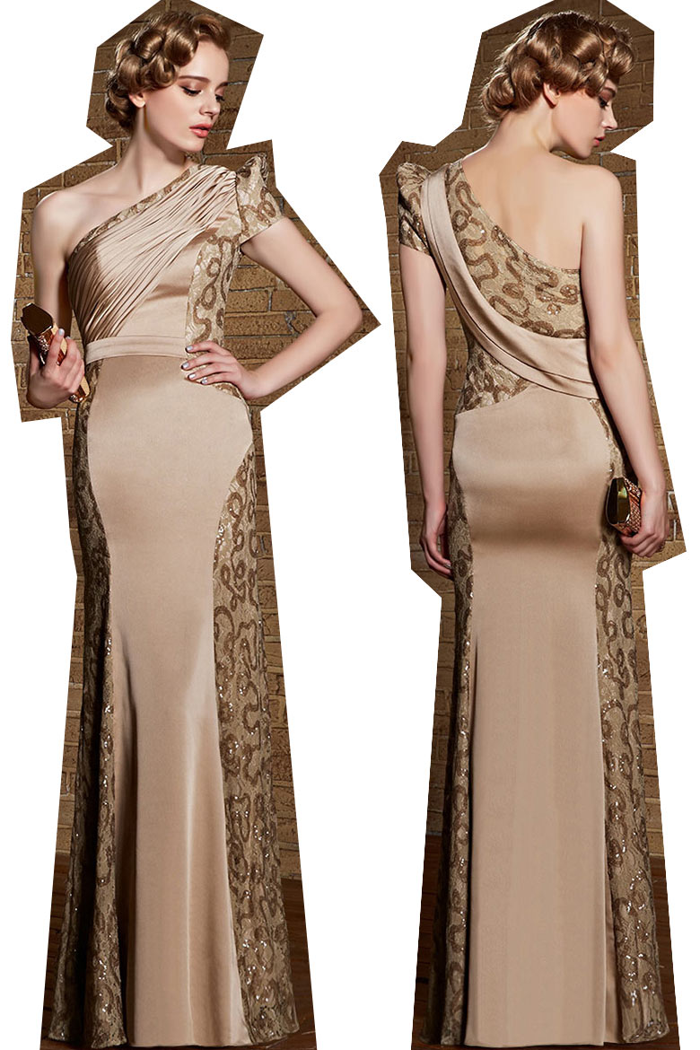 Elegant Sheath Satin Champagne Long One Shoulder Sequins Evening Dress