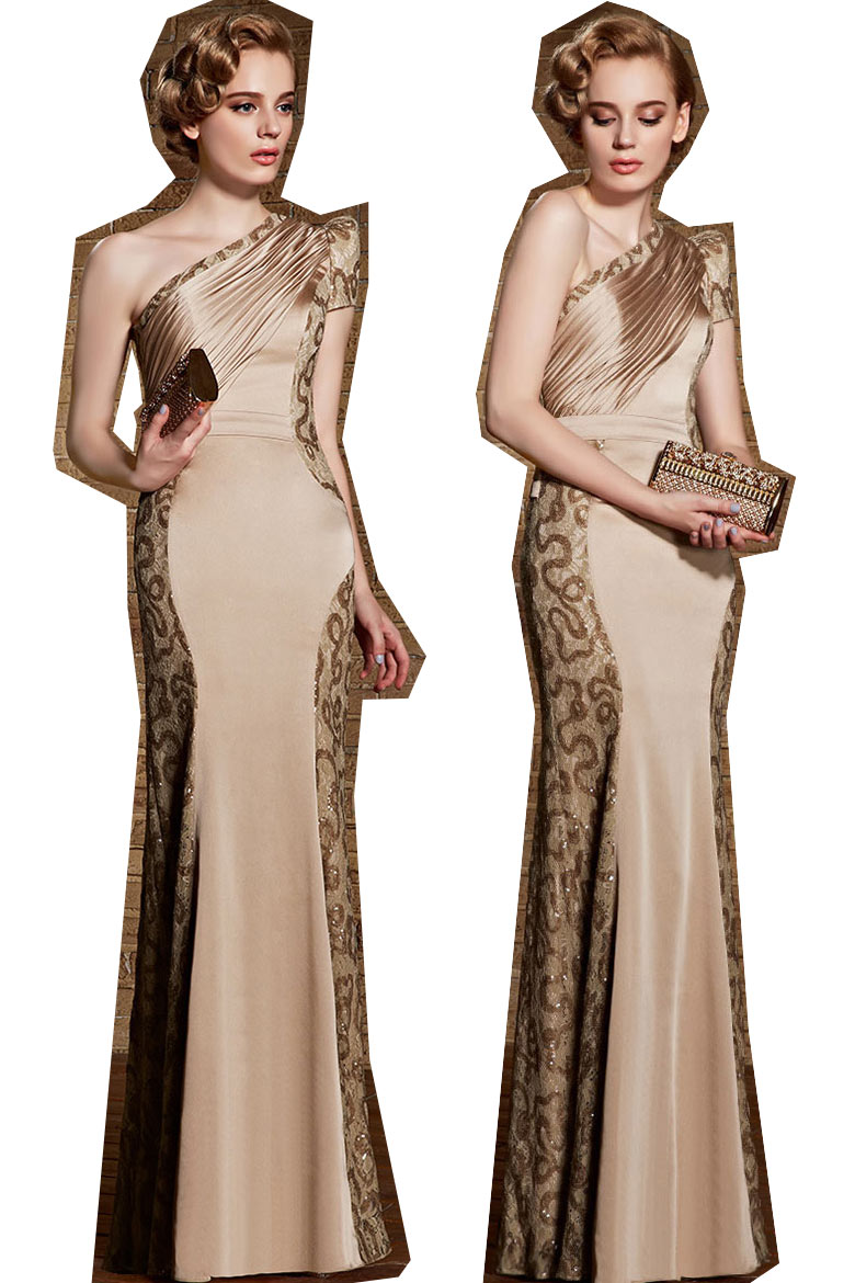 Elegant Sheath Satin Champagne Long One Shoulder Sequins Evening Dress