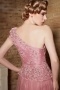 New Arrival Long Pink Tulle One Shoulder Sash Prom Dress With Sleeves