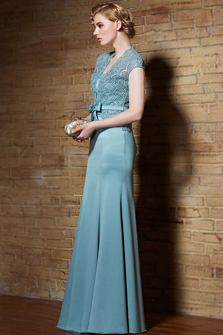 Simple Blue Sheath Satin Long Evening Dress with Bow