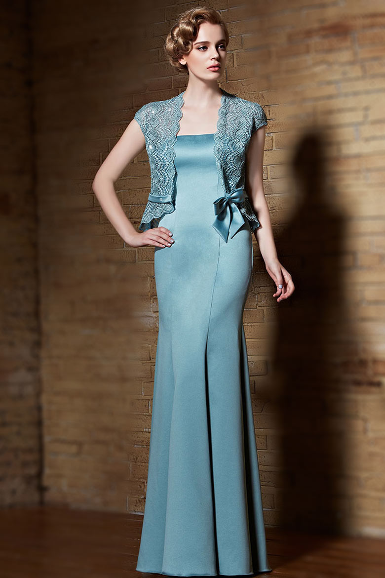 Simple Blue Sheath Satin Long Evening Dress with Bow