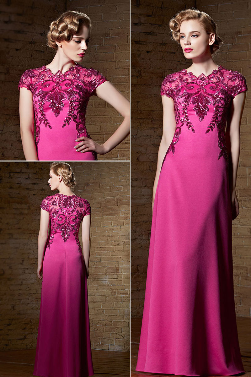Gorgeous Satin Fuchsia Floor Length Jewel Embroidery Evening Dress