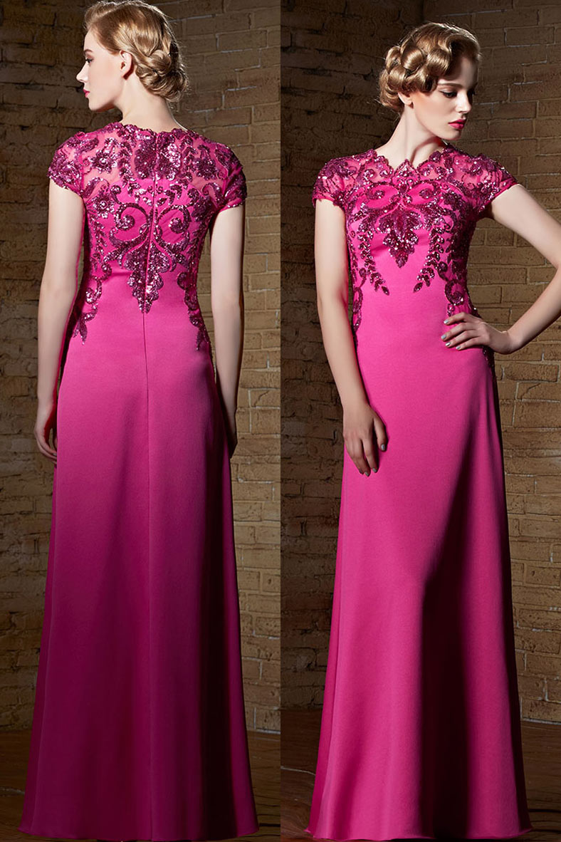 Gorgeous Satin Fuchsia Floor Length Jewel Embroidery Evening Dress