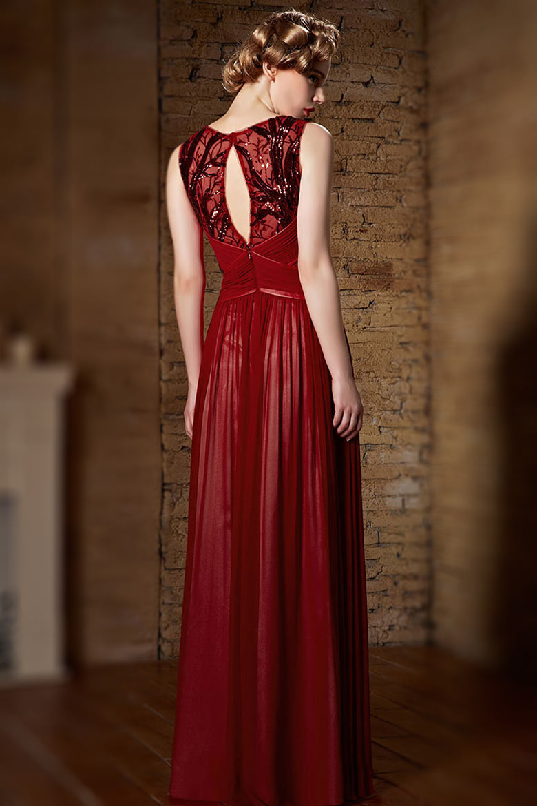 Chic Red Chiffon V Neck Long Sequins Prom Dress
