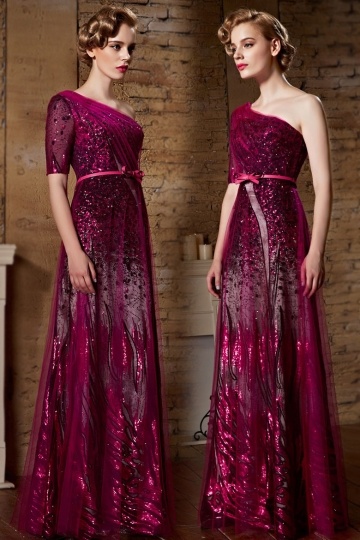 Dressesmall Column Sequin Fuchsia One Shoulder Ruching Prom Dress with Sleeves