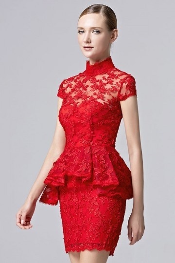 Elegant Etui-Linie Kurz Rot Spitze Abendkleid mit Ärmeln Persunshop