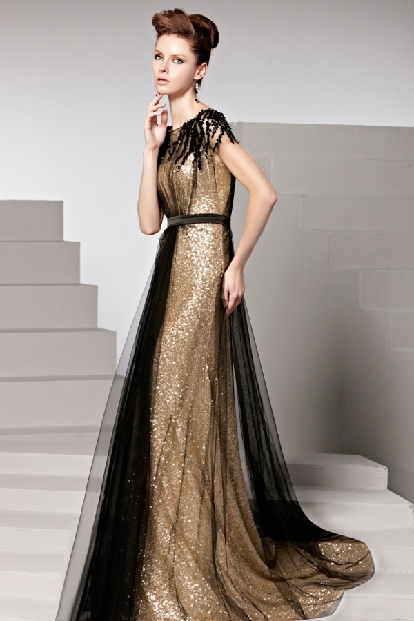 Column Color block Sweep train Sleeveless Beading Sequin Evening gown