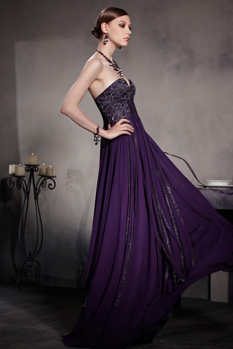 Sexy Purple Tone A line Strapless Beading Chiffon Floor Length Formal Dress