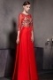 Red Embroidery Scoop 3 4 Sleeves Satin Floor Length Formal Dress