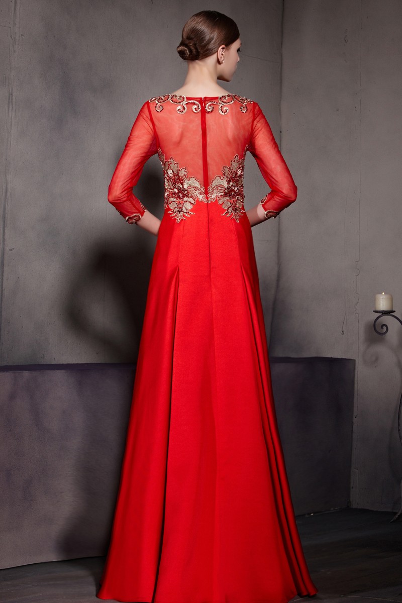 Red Embroidery Scoop 3 4 Sleeves Satin Floor Length Formal Dress