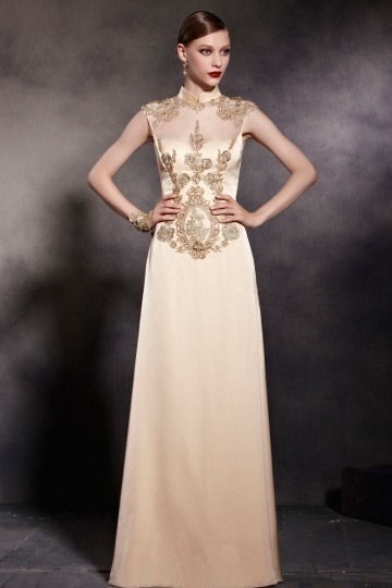 Dressesmall Champagne Tone High Neck Sleeveless Embroidery Floor Length Formal Dress
