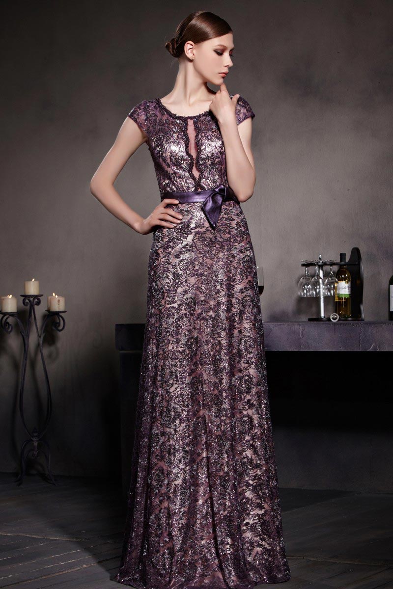Purple Tone Cap Sleeves Lace Bowknot Zipper Floor Length Formal Dress
