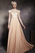 Champagne Tone High Neck Cap Sleeves Empire Floor Length Prom Dress
