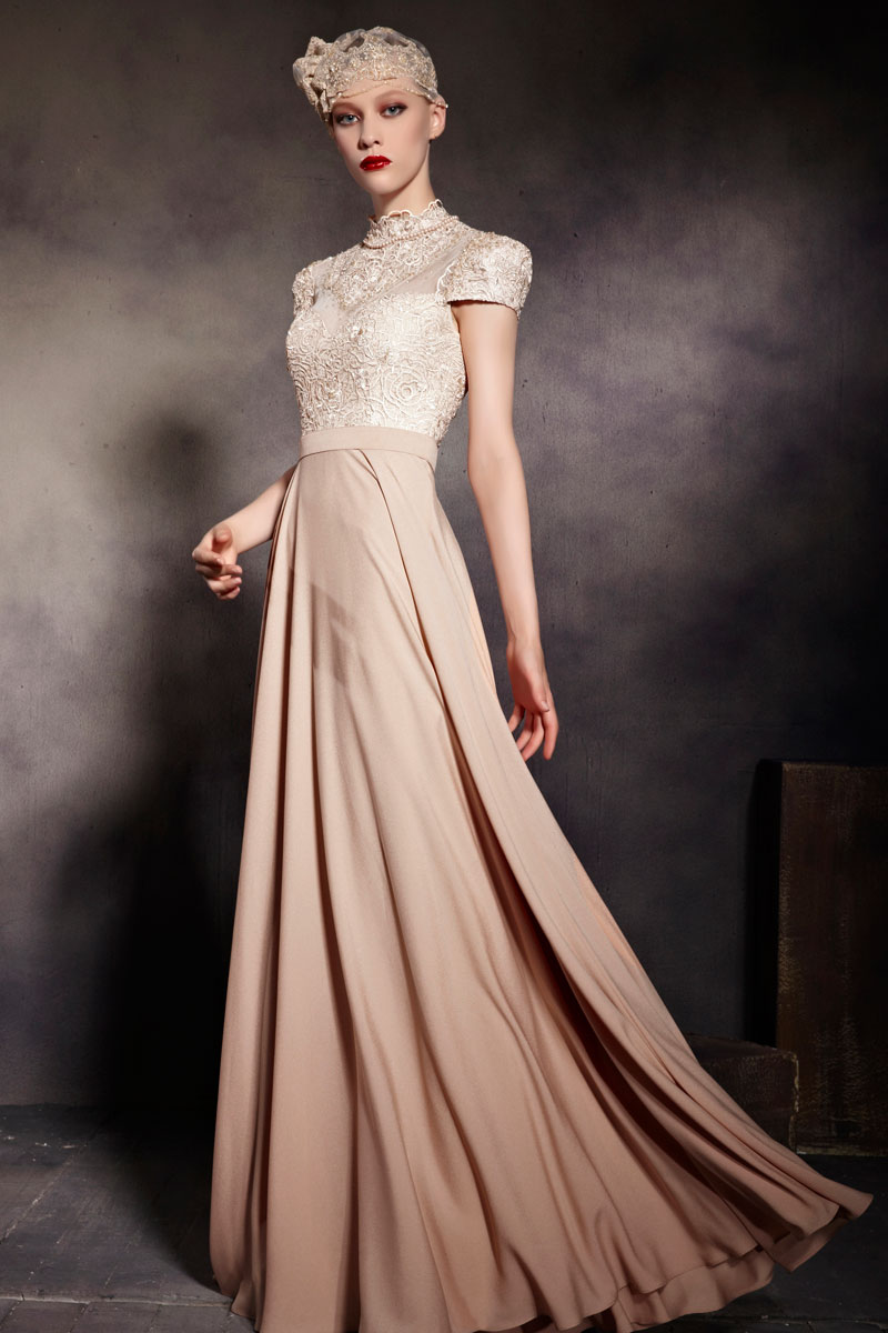 Champagne Tone High Neck Cap Sleeves Empire Floor Length Prom Dress
