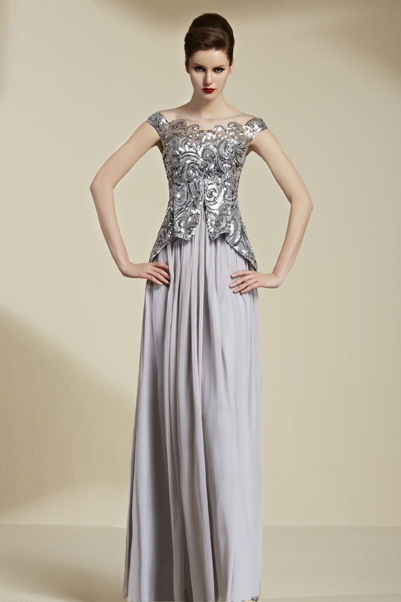 Color Block Beading Short Sleeves Tencel Floor Length Formal Dress
