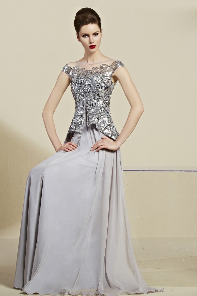 Color Block Beading Short Sleeves Tencel Floor Length Formal Dress