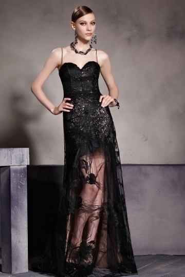 Dressesmall Sexy Black Sequins Spaghetti Straps Sheer Skirt Floor Length Formal Dress