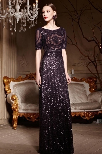 Purple Tone Embroidery Sequins Sheer Back Zipper Long Formal Dress