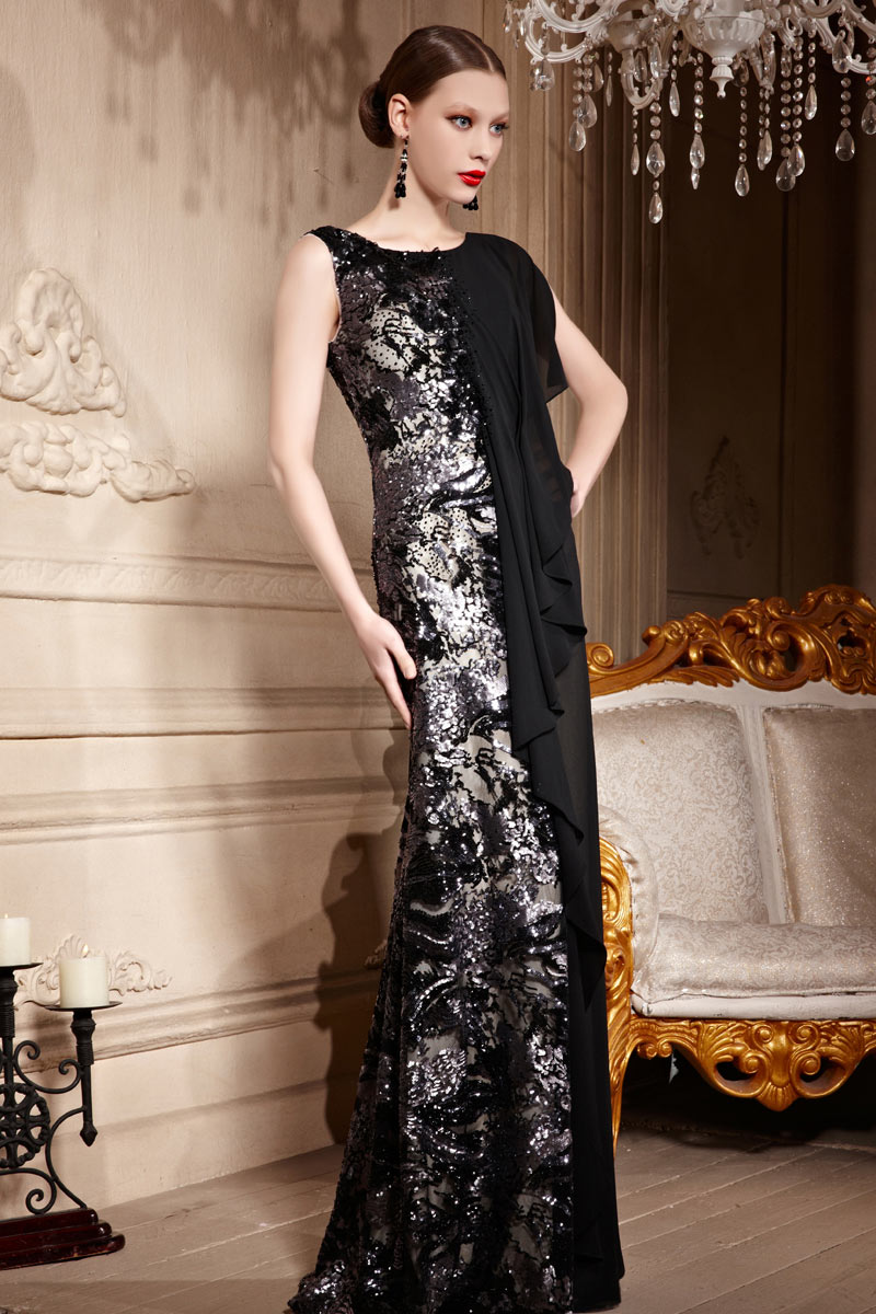 Color Block Black Sequins Draping Sleeveless Chiffon Long Formal Dress