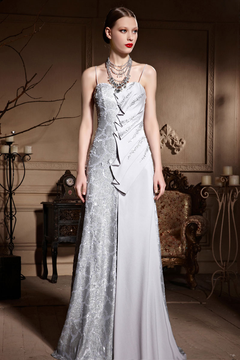 Spaghetti Sequins Straps Silver Gray Ruched Floor Length Prom Dress