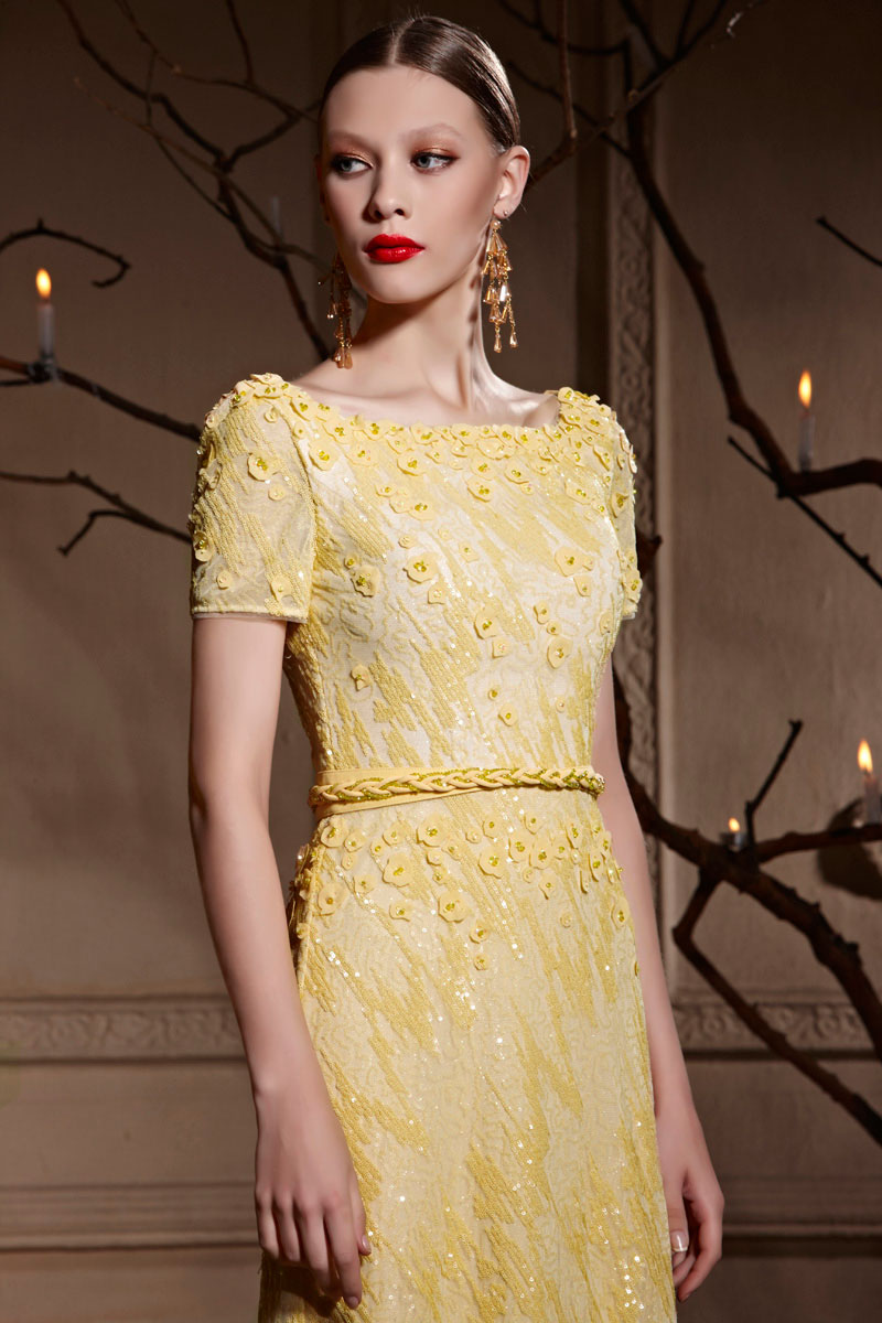 Yellow Tone Bateau Open Back Sequins Short Sleeves Long Prom Dress