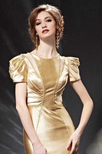 Dressesmall Stunning Beading Gold Short Sleeves Long Formal Dress