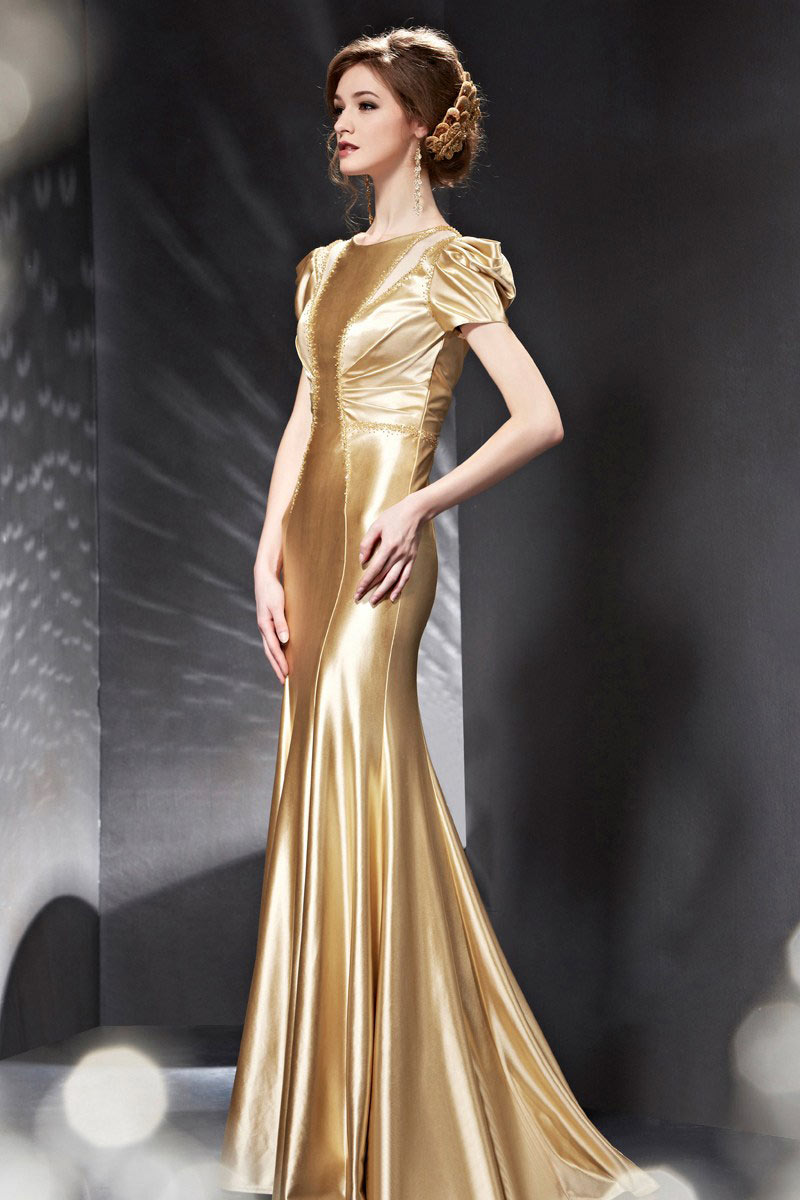 Stunning Beading Gold Short Sleeves Long Formal Dress