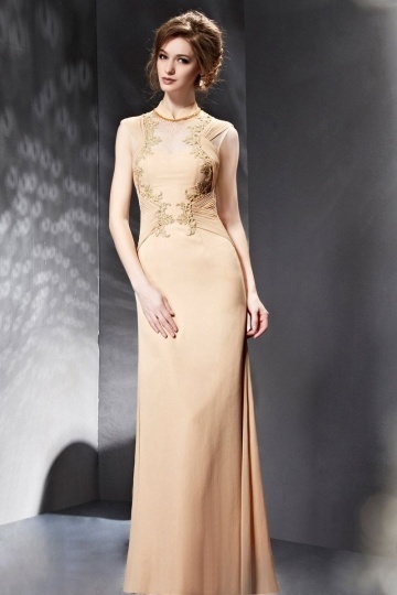 Dressesmall Gorgeous Champagne Ruched Appliques High Neck Long Formal Dress