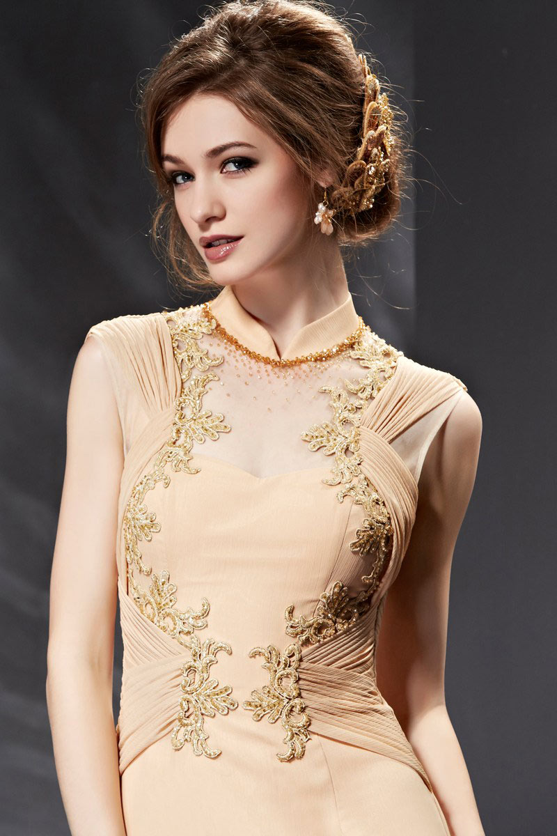 Gorgeous Champagne Ruched Appliques High Neck Long Formal Dress