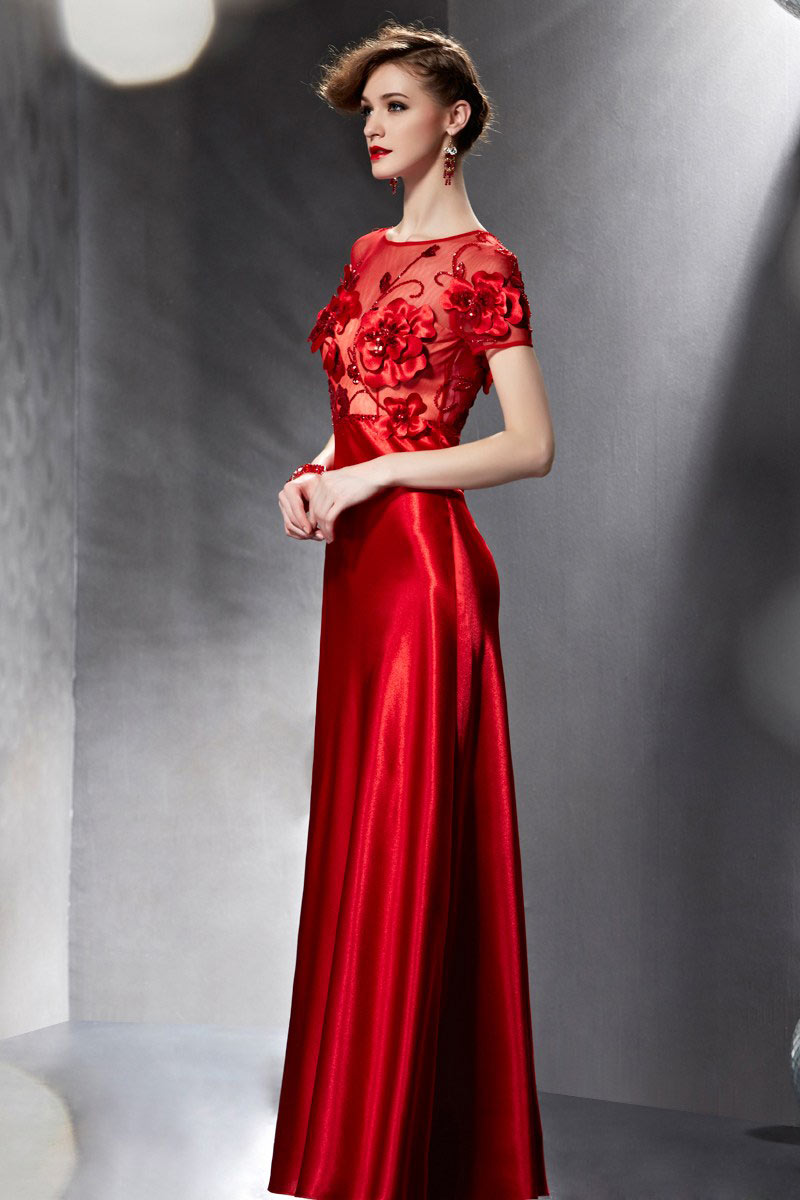 Robe De Soir E Rouge Haut Semi Transparent Orn E De Fleurs Et Sequins