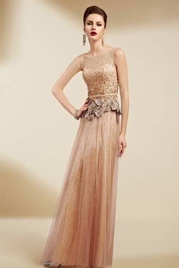 Sexy Champagne Tulle A Line Long Flower Formal Dress