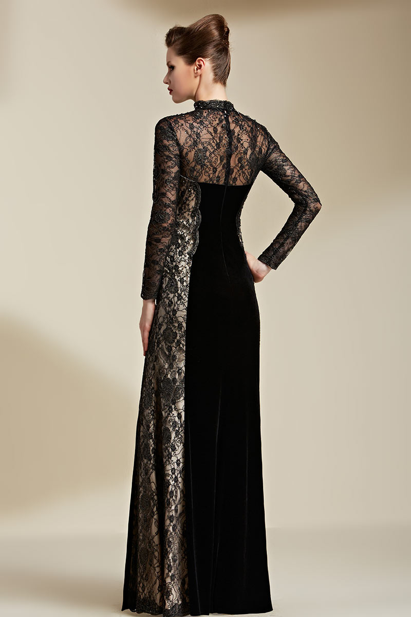 Vintage Column Black Velvet High Neck Long Evening Dress With Sleeves