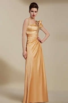 Vintage Champagne Long One Shoulder Embroidery Evening Dress With Sleeves