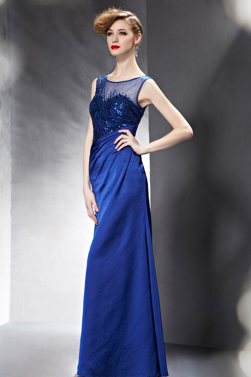 Modern Taffeta Blue Bateau Sequins Evening Dress With Sleeves