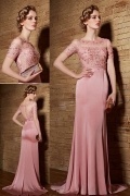 Chic Sheath Bateau Satin Pink Sweep Train Prom Dress with Sleeves