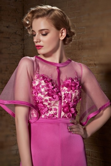 Modern Sheer Flower Short Sleeves Fuchsia Floor Length Jumpsuit