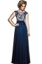 Chic Blue Chiffon A Line Long Bateau Embroidery Prom Dress With Sleeves